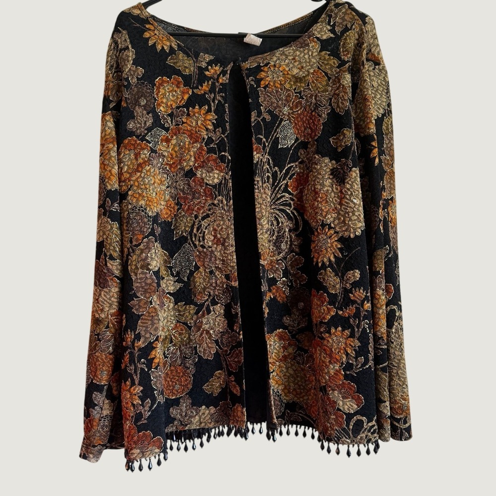 MSK Women 2X Cardigan Metallic Floral Tapestry Beaded Fringe Open Front Black